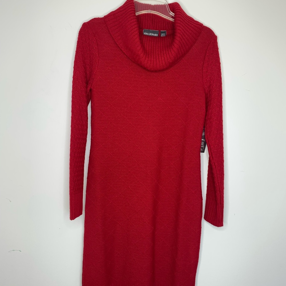 BN13 New Nina Leonard Bold Red Sweater Dress Knit‎ Long Sleeve Turtleneck Small
